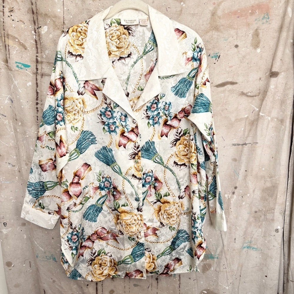 Vintage Gold Label Victoria's Secret Satin Button Down Tassel Floral Sleep Shirt